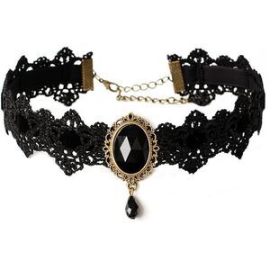 Black Gothic Victorian Vampire Oval Pendant Lace Choker Adjustable Necklace